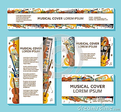 Music templates and banners made of different musical instruments, treble clef and notes Vector Illustration