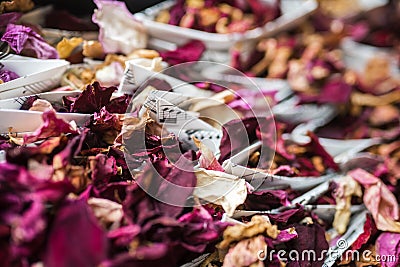 Music theme natural rose petal biodegradable wedding confetti purple red and orange. Stock Photo