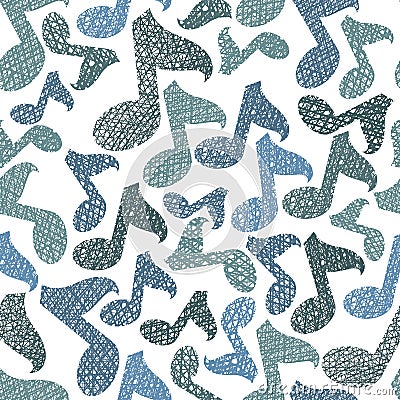 Music theme seamless pattern, musical notes repeating vector background, with hand drawn lines textures. Vector Illustration