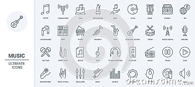 Music thin line icons set, musical instruments symbols and vinyl discs for fans, speakers Vector Illustration