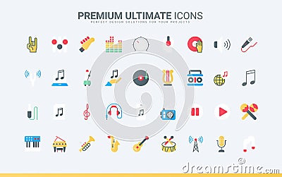 Music trendy flat icons set, acoustic instruments, notes and musical digital symbols Cartoon Illustration