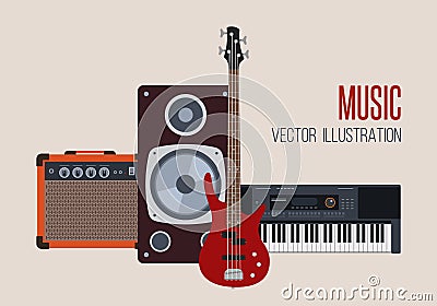 Music vector illustration design. Sound speaker, bass guitar, amplifier, synthesizer in flat style. Vector Illustration