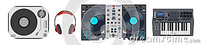 Music vector illustration design. Vinyl record player, headphones, dj remote, synthesizer. Vector Illustration