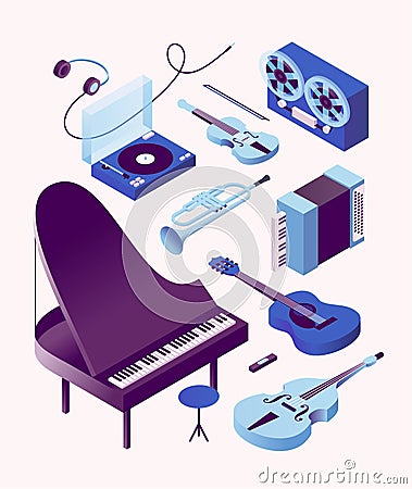 Music, vector isometric illustration, 3d icon set, white background. Piano, bass, guitar, accordion, trumpet, violin Vector Illustration