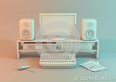 Music video workstation on a white background. A studio set up for sound recording with monitor equipment, input devices and a mic Stock Photo