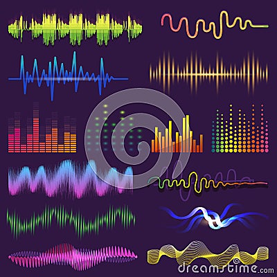 Music waves of sound on radio vector audio sounding waveform and wavelength of soundtrack and waved voice with soundwave Vector Illustration