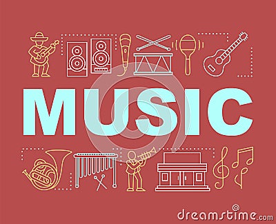 Music word concepts banner. Acoustic, jazz, folk concert. Organization of festival. Presentation, website. Isolated Vector Illustration