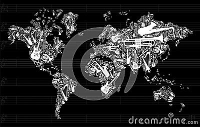 Music World Map Vector Illustration