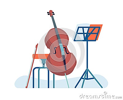 Musical acoustic instrument. Learning to play cello. Music stand and chair. Orchestra performance. Jazz band. Musician Vector Illustration