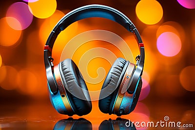 Musical ambiance Headphones on colored background, designed for music banners Stock Photo