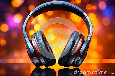 Musical ambiance Headphones on colored background, designed for music banners Stock Photo