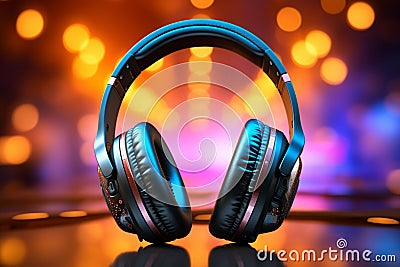 Musical ambiance Headphones on colored background, designed for music banners Stock Photo
