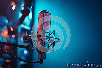 Musical ambiance Studio microphone banner with red and blue neon Stock Photo