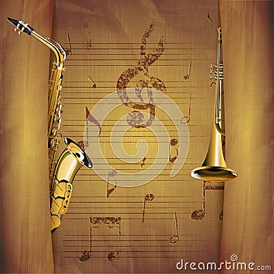 Musical Background saxophone and trumpet old musical sheets Vector Illustration
