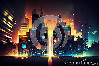 Musical background with speakers. Nightlife scene abstract visual sound illustration. Generative AI Cartoon Illustration