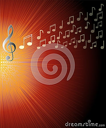 Musical background with treble clef and and notes on red rays area. Overlay for a concert program, Vector Illustration