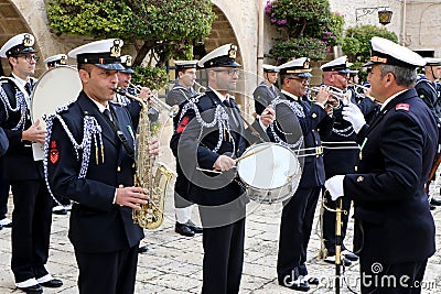 The musical band of the Italian Navy with winter uniform during a ceremony in Taranto, Puglia, Italy Editorial Stock Photo