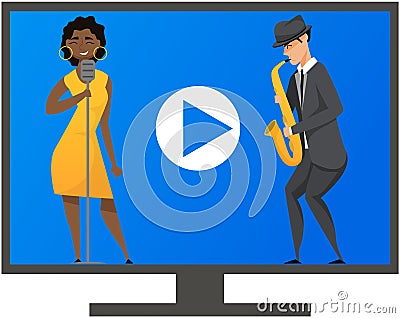 Musical band perform with jazz or blues on device monitor screen. Video with couple singing song Vector Illustration