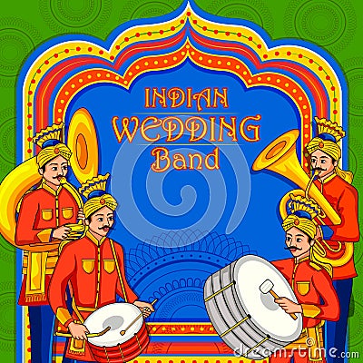 Musical band performing in barati on Indian wedding occasion Vector Illustration