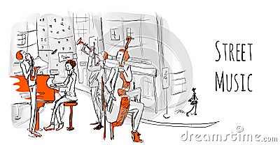 A musical band of street musicians. The Quartet plays jazz on a city street. Vector Illustration