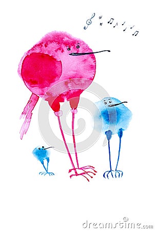 A musical band of two blue and one red abstract bird sings and plays at the concert. Comic watercolor illustration isolated on Cartoon Illustration