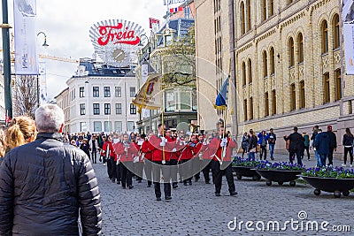 Musical bands parade through the streets of Oslo, Norway Editorial Stock Photo