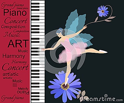 Musical banner. Abstract text on red background, piano keyboards and little winged fairy-ballerina in pink tutu on blue daisy. Vector Illustration