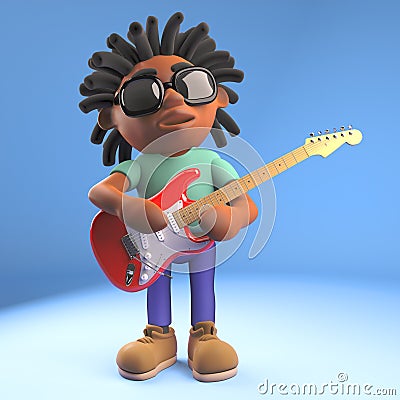 Musical black Afro Caribbean man with dreadlocks playing electric guitar, 3d illustration Cartoon Illustration