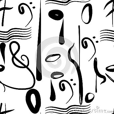 Musical black doodle seamless pattern on white background. Design suitable for wallpaper, textile, decor, paintings, exhibitions Vector Illustration