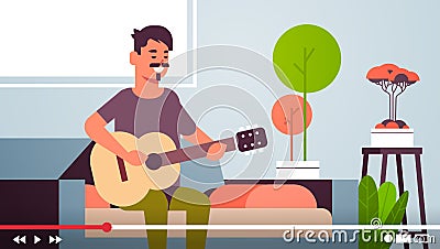 Musical blogger recording online video stream for vlog male vlogger playing guitar blogging concept modern living room Vector Illustration