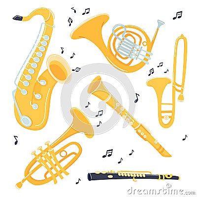 Musical brass Instruments collection. Jazz gold objects. Trumpet and saxophone, trombone and flute, clarinet and French Vector Illustration