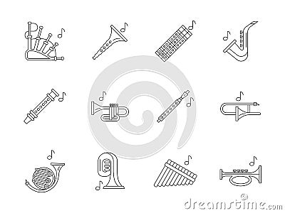 Musical brass instruments flat line icons Vector Illustration
