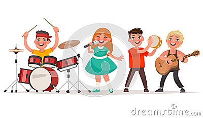 Musical children`s band on a white background. Singer and musici Cartoon Illustration