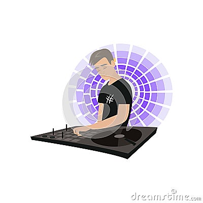 Young DJ with hand on desk mixing music with purple light chaser behind his shoulders on white Vector Illustration