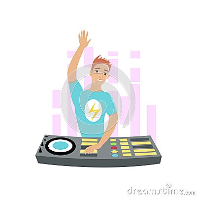 Young DJ with hand up mixing music on turntables isolated on white background. Vector Illustration