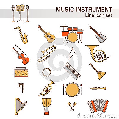 Musical colorful instruments icons set isolated. Vector classic element illustration. Saxophone cello horn guitar piano Vector Illustration