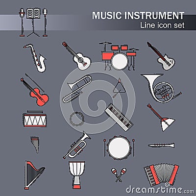 Musical colorful instruments icons set . Vector classic element illustration. Saxophone cello horn guitar piano Vector Illustration