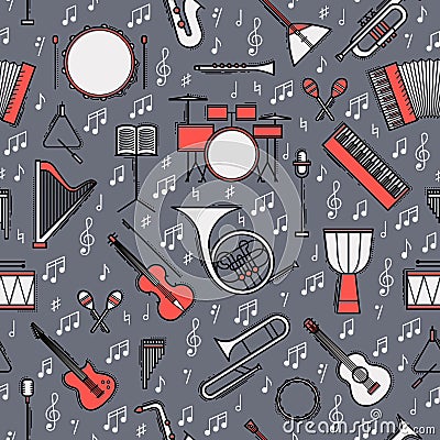 Musical colorful instruments seamless pattern. Vector classic element illustration. Saxophone cello horn guitar piano harp and oth Vector Illustration