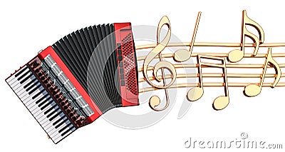 Musical concept. Accordion with music notes, 3d rendering Stock Photo