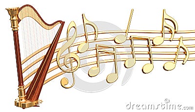 Musical concept. Harp with music notes, 3d rendering Stock Photo