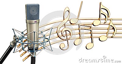 Musical concept. Studio microphone with music notes, 3d rendering Stock Photo