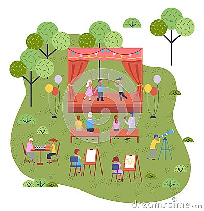 Musical concert in the garden. Children s theatrical performance on the stage in the open playground Vector Illustration