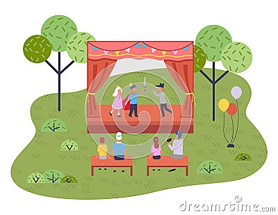 Musical concert in the garden. Children s theatrical performance on the stage in the open playground Vector Illustration