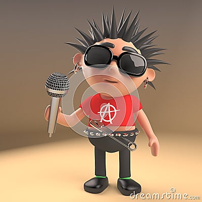 Musical 3d punk rocker character with spikey hair singing into a microphone, 3d illustration Cartoon Illustration