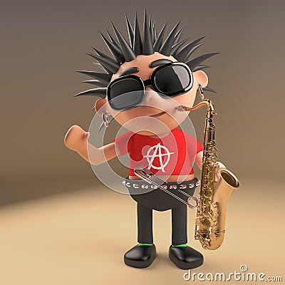 Musical 3d punk rocker with spikey hair playing a saxophone, 3d illustration Cartoon Illustration