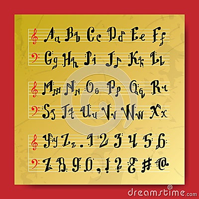 Musical decorative education music notes alphabet font hand mark calligraphy poster vector illustration Vector Illustration