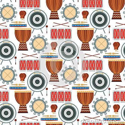 Musical drum wood rhythm music instrument seamless pattern background percussion musician performance vector Vector Illustration