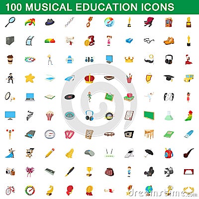 100 musical education icons set, cartoon style Vector Illustration