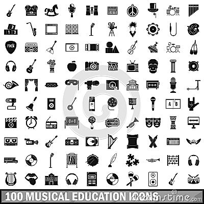 100 musical education icons set, simple style Vector Illustration