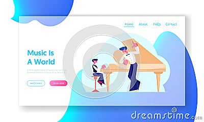 Musical Education Website Landing Page. Little Boy in Concert Dress Training on Grand Piano with Help of Teacher Vector Illustration